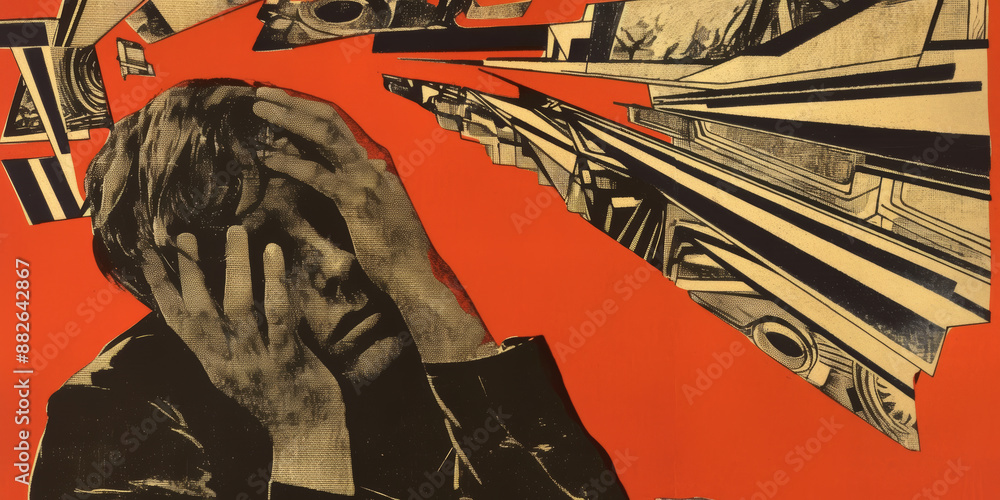 Poster abstract art of a distressed person and geometric shapes on a red background