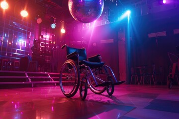 Wheelchair on Dance Floor under Disco Ball Celebrating Joy of Movement and Social Spaces
