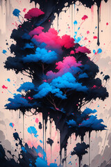Obraz premium An elegant watercolor ink creation featuring a seamless integration of soft, flowing colors and detailed ink lines, producing a refined and sophisticated artistic piece