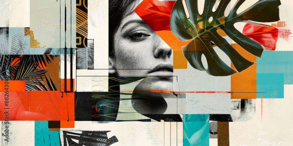 Poster contemporary abstract portrait with botanical elements and geometric patterns