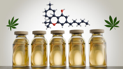 d rendering of cannabis leaves, cannabis oil, and a dronabinol molecule depict the exploration of cannabis compounds for potential use in medicine.