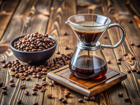 Brewing coffee manually, a glass pour-over dripper sits atop a ceramic mug, surrounded by coffee beans and a measuring scale on a rustic wooden table.