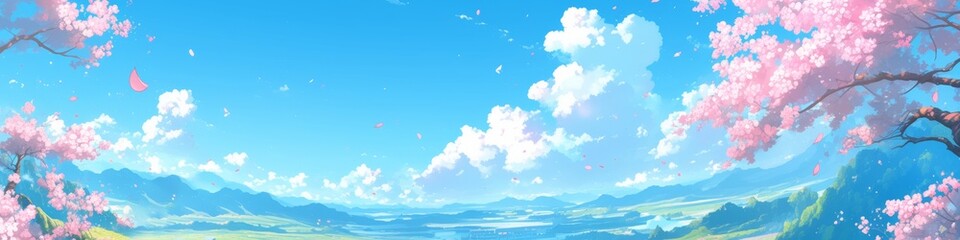 Fototapeta premium Abstract Illustration Wallpaper of Dreamscape Paradise with Peach Blossoms. Anime Style, Pink Tones, Blue Sky, White Clouds. Minimalist Art with Plants and Flowers, Serene and Solitary Atmosphere, War