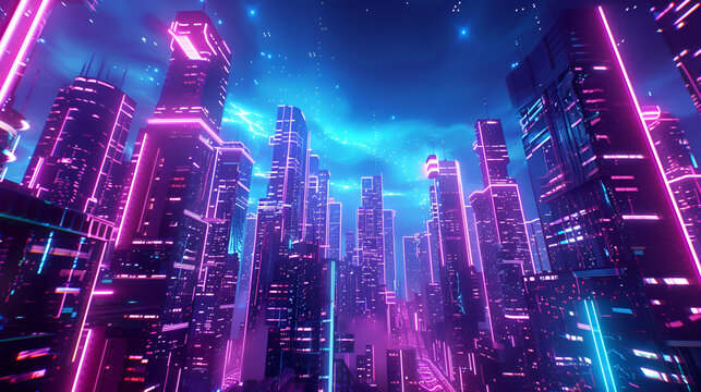 Futuristic metaverse city concept with glowing neon lights
