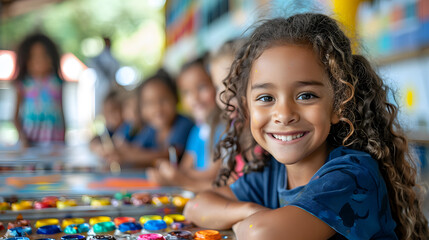 Children's art class in a bright and cheerful setting, kids happily painting and drawing with colorful supplies, 8K 