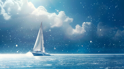 Beautiful snow -white sailboat in blue ocean. Panoramic image.
