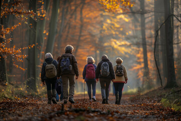 Group of seniors walking in the woods