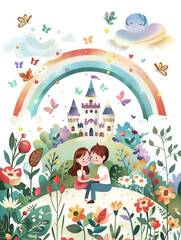 Obraz premium Vector Art of Two Friends in a Flowery Paradise, Gazing at a Rainbow with an Ancient Castle in the Background, Flat Style