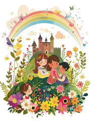 Fototapeta premium Whimsical Flat Design Illustration of Friends on a Floral Summit, Exchanging Smiles with a Rainbow and Castle Spectacle