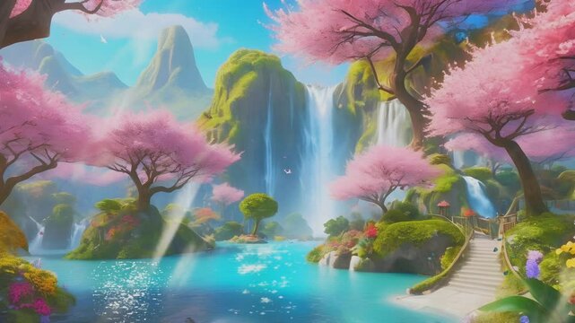 imagine the fantasy of the beauty of a waterfall with views of cliffs and nuances of the beauty of cherry blossom trees in cartoon or anime style, seamless looping time lapse virtual 4k video animatio