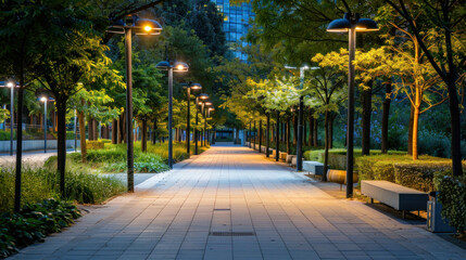 Naklejka premium Illuminated Pathway in a City Park at Dusk.