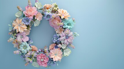 3D render of Festive wreath made of pastel-colored flowers on a pastel blue background. very detailed