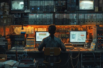 A vintage illustration showcasing the nostalgic charm of early computer labs and the dedication of programmers.