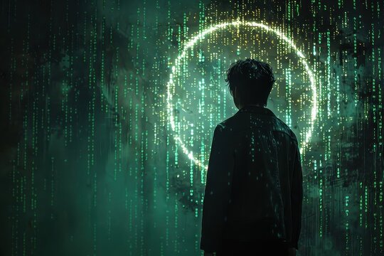 A minimalist silhouette emphasizing the programmer's expertise and knowledge, with code as a symbol of power.