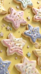 3D render of Christmas cookies shaped like stars with pastel icing on a pastel yellow background. very detailed