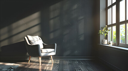 Style loft interior with gray armchair and dark walls, high resolution, style, design, modern renovation, panoramic window, seating area with a cup of coffee or an interesting book, background.
