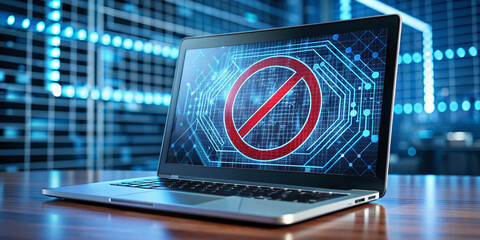 A modern laptop displays a bold, red no symbol over a robotic pattern, conveying a strong stance against the integration of artificial intelligence in business operations.