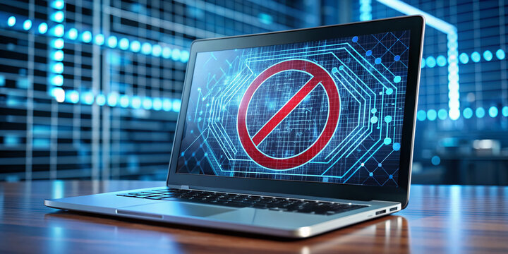 A modern laptop displays a bold, red no symbol over a robotic pattern, conveying a strong stance against the integration of artificial intelligence in business operations.