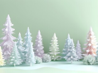 Obraz premium 3D render of Christmas tree farm with pastel-colored trees on a pastel green background. very detailed
