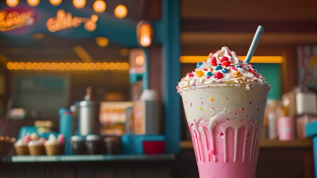 Video animation of close up of a strawberry milkshake with whipped cream and sprinkles on top, served in a classic diner setting