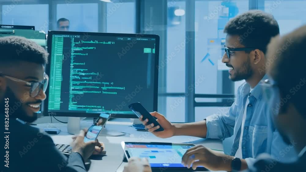 Poster mobile app developers working in modern office generative ai