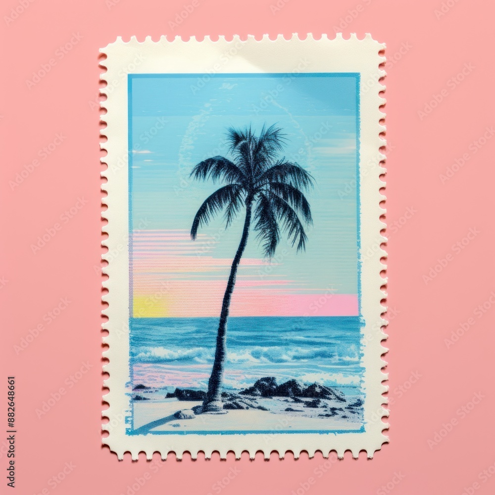 Canvas Prints Beach Risograph style plant postage stamp embroidery.