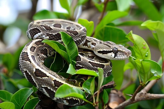 Photo of a coiled Russell's Viper (Daboia russelii) on a branch with blurred green leaves background.