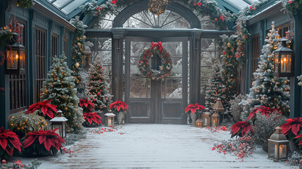 A Victorian greenhouse with poinsettias and evergreen wreaths, snow-covered windows, and vintage lanterns, creating an enchanting winter wonderland for a Christmas photography backdrop.