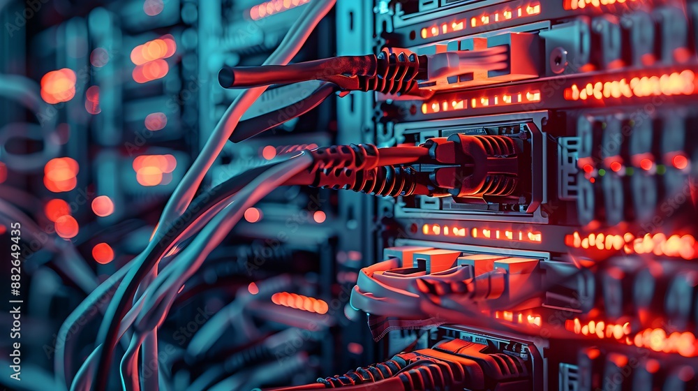 Poster focused composition of network switches and cables in a data center with glowing red lights.