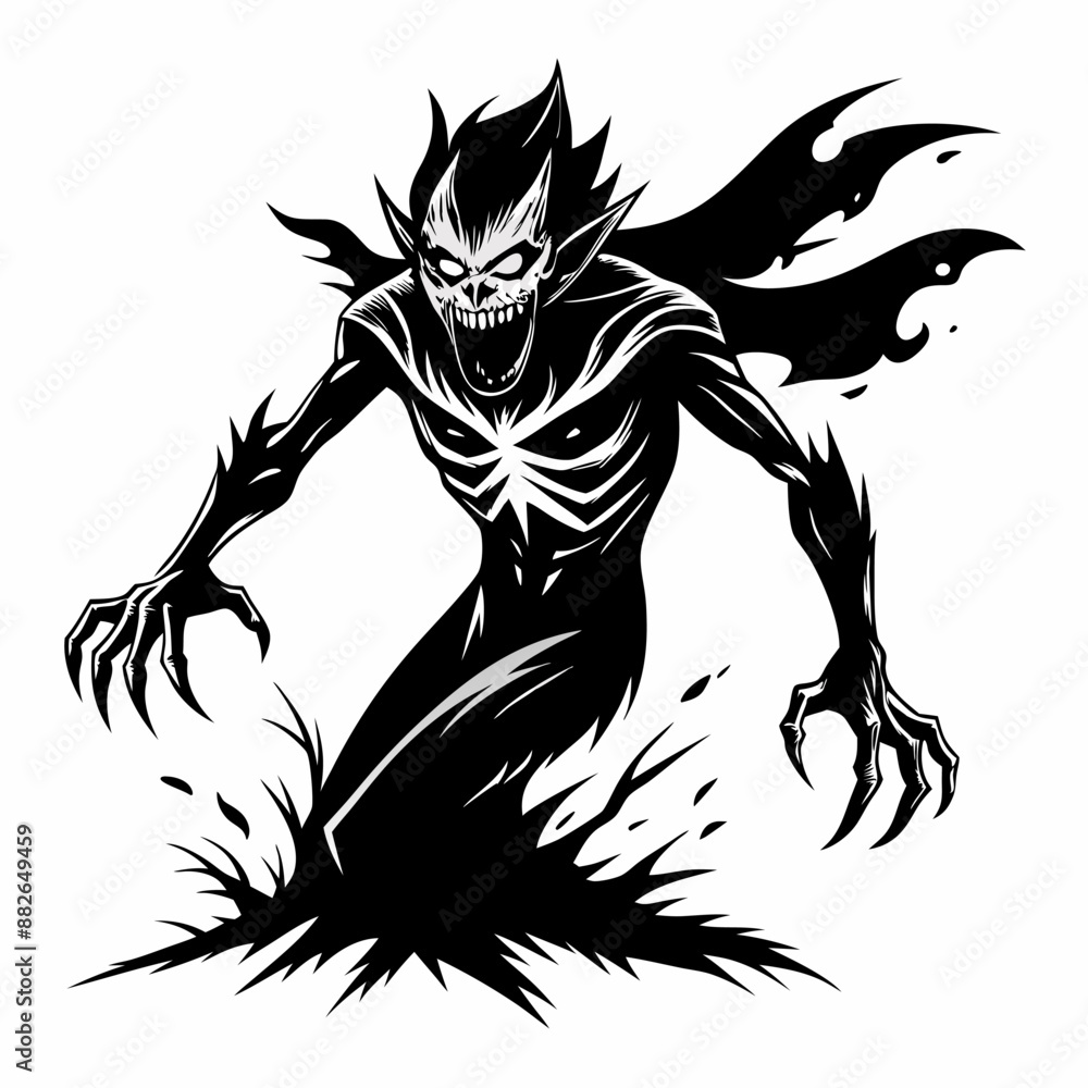 Poster dark monster emerging from shadows with sharp claws and fierce expression