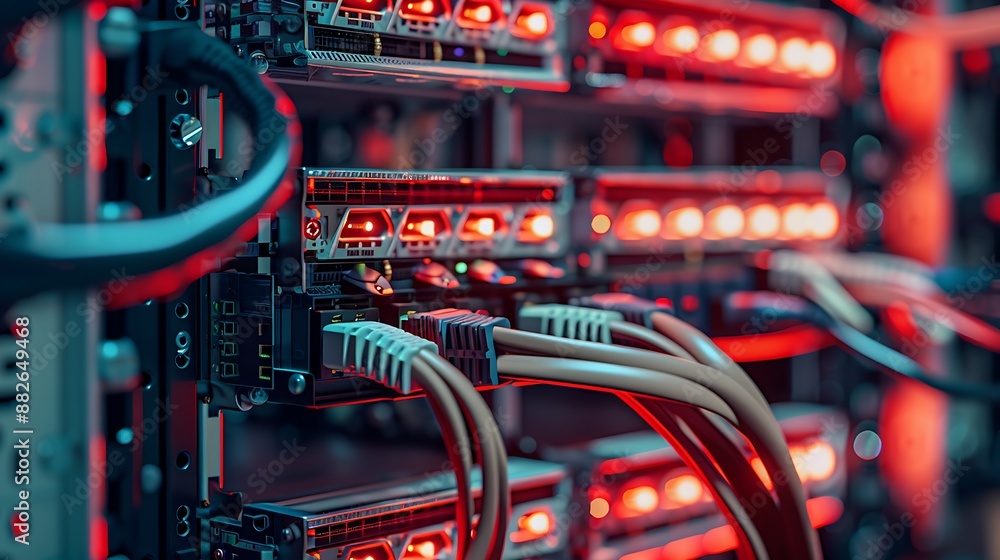Poster focused composition of network switches and cables in a data center with glowing red lights.