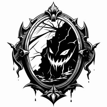recommend clip art: Gothic Mirror with Creepy Monster Reflection in Black and White Illustration