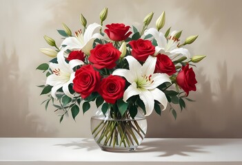 A painting of a bouquet of red and white 

