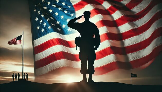 Silhouette of Soldier Saluting American Flag at Sunset.