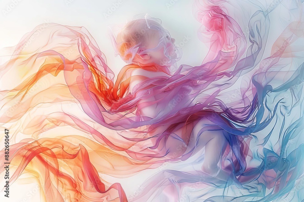 Poster abstract ethereal figure swathed in multicolored flowing fabric, combining vibrant hues and soft tex