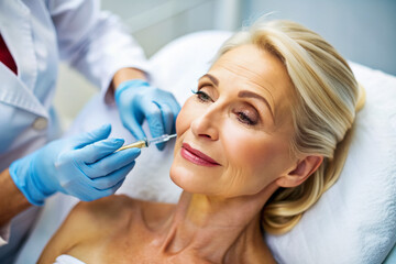 Fototapeta premium Beautiful mature woman receiving botox injection in her face at beauty salon