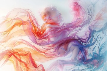 Obraz premium Abstract ethereal figure swathed in multicolored flowing fabric, combining vibrant hues and soft textures in a mesmerizing dance of colors.