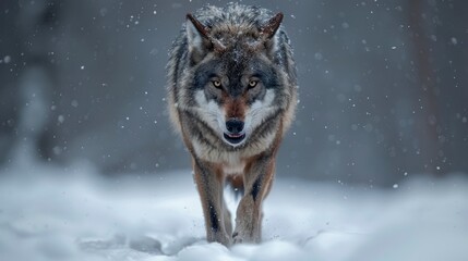 Obraz premium A snarling gray wolf walking in the snow, emanating fierce determination