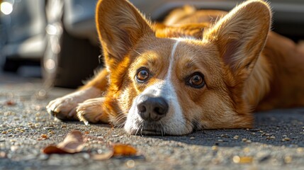 Obraz premium A Welsh Corgi dog on the ground next to a car, selectively focused, appearing thoughtful