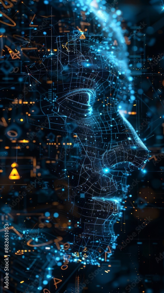 Aufkleber futuristic digital face composed of glowing blue particles and intricate networks, representing ai a