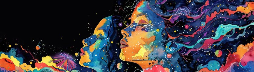 Abstract artistic depiction of colorful faces with flowing patterns on a black background, symbolizing creativity and imagination.