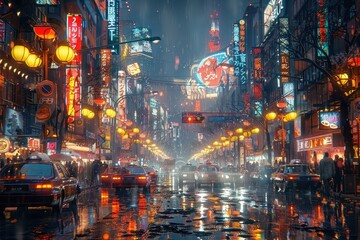 Bustling cityscape at night with neon signs.