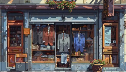 A charming storefront displaying elegant suits and clothing. High-quality men's fashion with a classic, timeless appeal in a cozy setting.