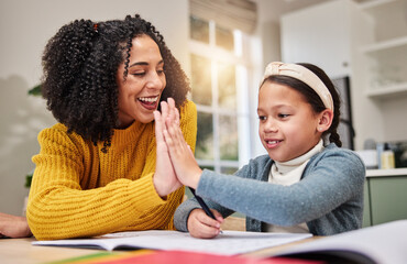 Mom, smile and high five with girl for homework, correct answer and learning math in home. Mama,...