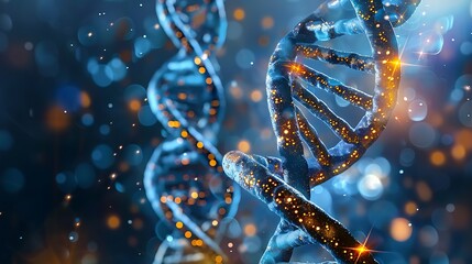 Abstract double helix DNA with glowing particles, blue and gold