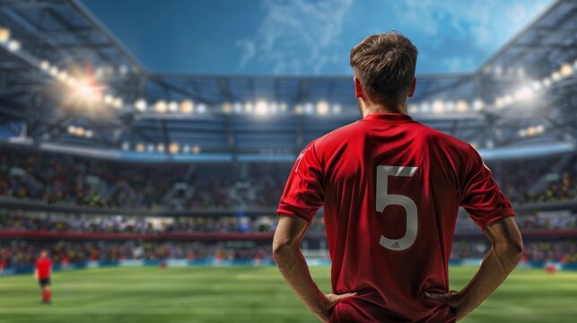 Football player standing on the playing field Wear a red shirt Brightly lit with spotlights The player's rear view emphasizes his readiness and determination and the intensity of the moment.