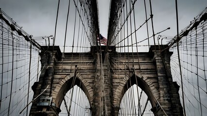 Obraz premium a mesmerizing photograph of the Brooklyn Bridge's intricate metal frame, capturing only the lattice-like structure in exquisite detail, set against a dull, overcast sky Generative AI