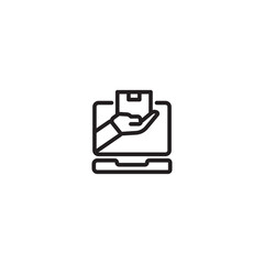 Delivery service line icon. Hand on laptop screen line icon. Editable icon.