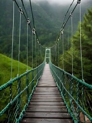 Obraz premium A suspension bridge between the mountains is picturesque prints on the place bright green color if nature wet with dew drops Generative AI