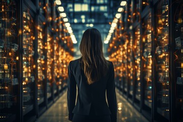 Female it professional analyzing hardware performance in secure data center server room